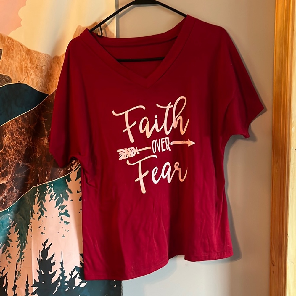 Maroon “Faith Over Fear” V-Neck Tee